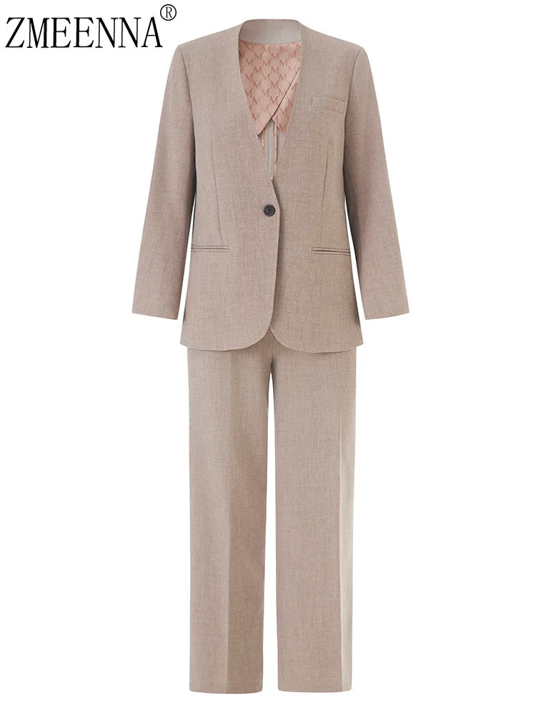 

ZMEENNA женский пиджак без воротника, пиджак на одной пуговице с широкими брюками, офисная одежда, комплект из двух предметов ZM3947
