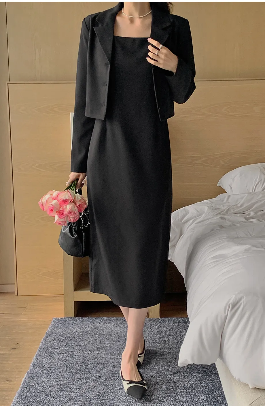 أطقم فساتين نسائية من REALEFT مكونة من قطعتين سترة قصيرة واحدة الصدر وفضفاضة بدون حمالات فستان بدون أكمام يناسب الإناث