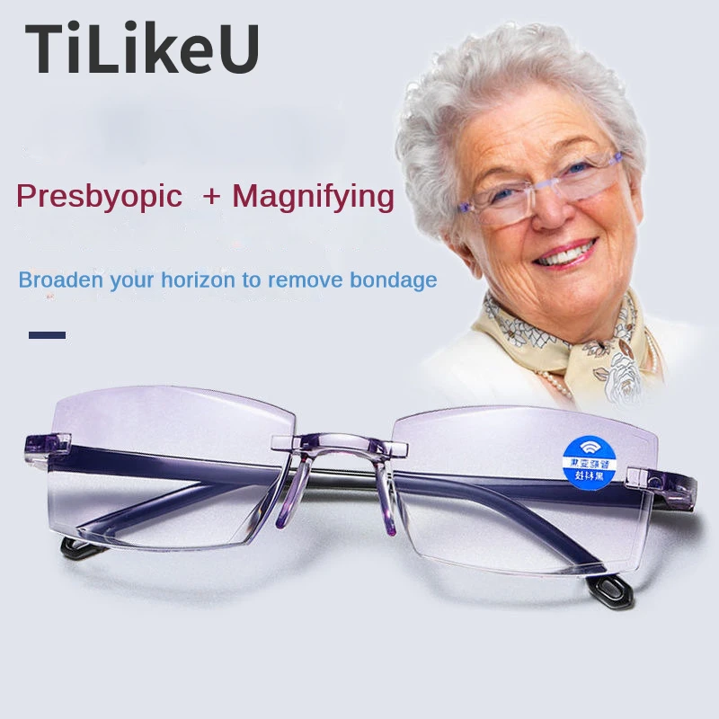 

Rimless Presbyopia Magnifying Blue Light Glasses HD Resin Anti Blue Light Lenses Elderly Reading Glasses Myopia Eyewear