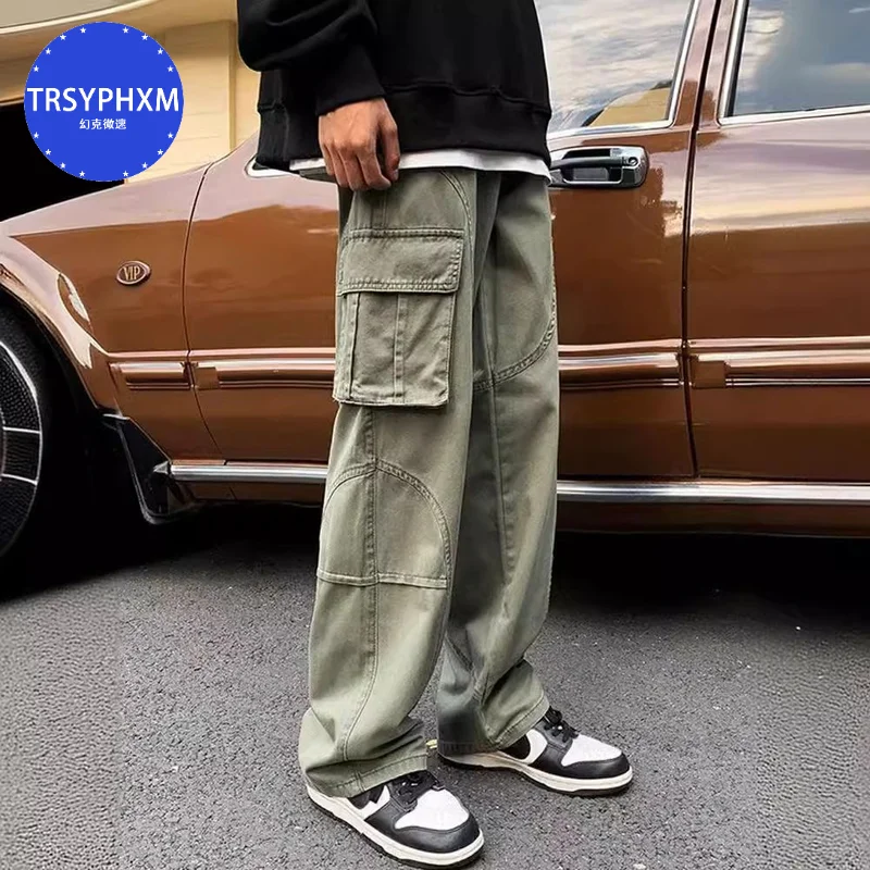 

American retro work pants men's high street design sense wide leg casual pants straight leg spring pants