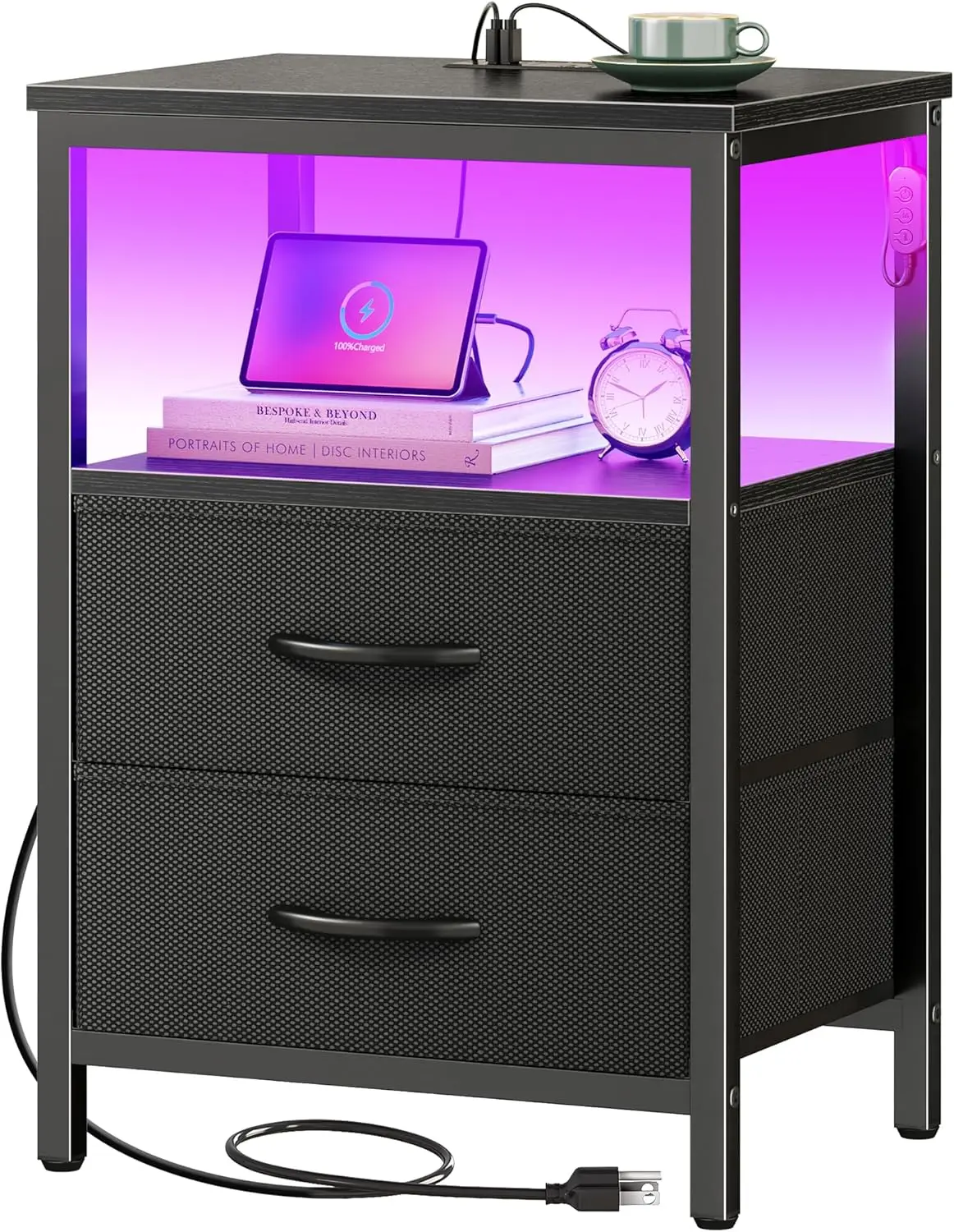 

Stand With Charger Station And LED Lights, 2 Drawer Nightstand, Bed Side Table With Open Shelf, End Table, Fabric D