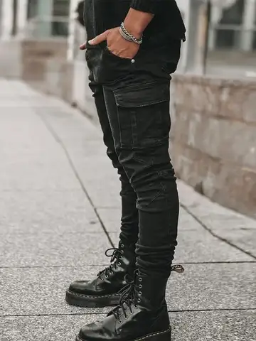Street Elastic Jeans Men Denim Cargo Pants Wash Solid Color Multi Pockets Casual Mid Waist Trousers Slim Fit Daily Wear Joggers