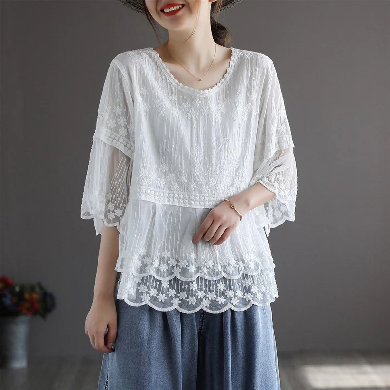 Vintage Embroidery Mesh Lace V Neck Half Sleeve Cotton Linen Ladies Tops Blouses Summer Vacation Women Casual Loose Solid Shirts