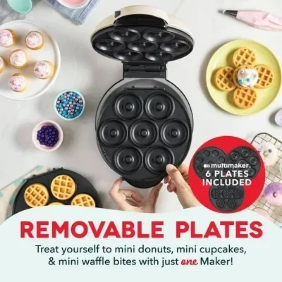 Treat Maker System with Waffle Bite, Mini Donut, & Mini Cupcake Plates Cream: Nonstick, 7 Cavities, 800W