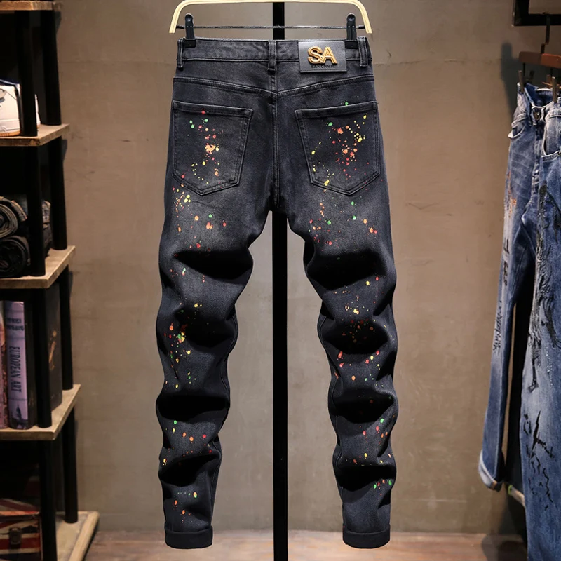 Street Designer Fashion Men Jeans Black Stretch Slim Fit Painted Ripped Jeans Men Embroidery Patched Hip Hop Vintage Denim Pants