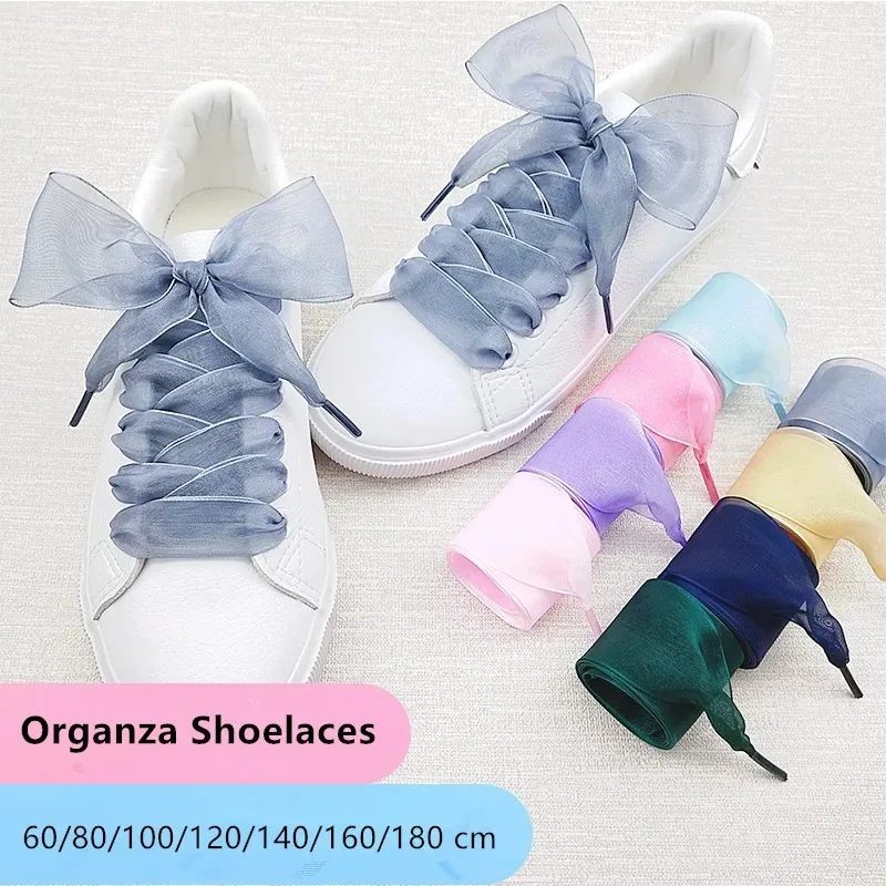 4cm Wide Transparent Chiffon Shoelaces Flat Silk Bow Decor Wide Laces For White Casual Shoes