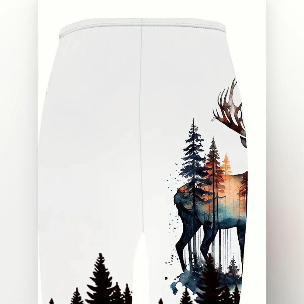 Forest and deer print stretch elastic waist slim casual leggings for women