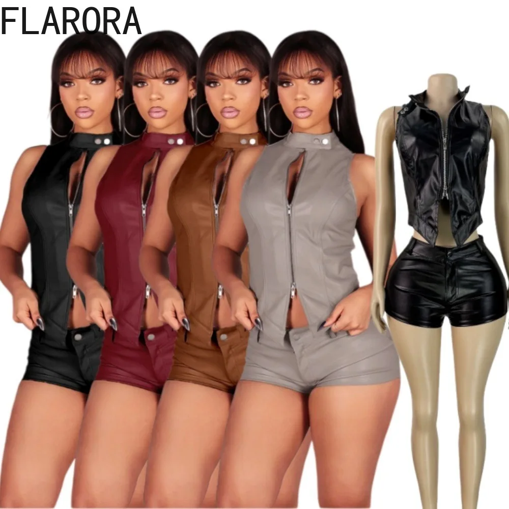 

FLARORA Trend PU Leather 2 Pcs Set Woman Stand Collar Sleeveless Zip Slim Crop Tops And Skinny Shorts Sets Moto Style Tracksuits