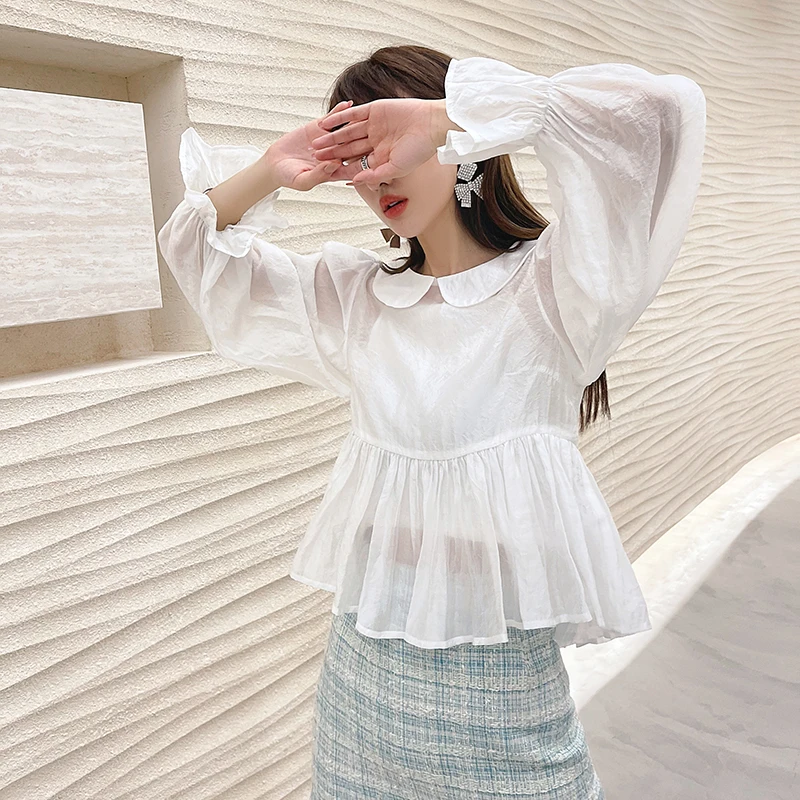 

Sweet Ele ort irt with Lace Sves And Puff Collar Early Autumn Women's Clothing Commute Sle Pure Color Zipper