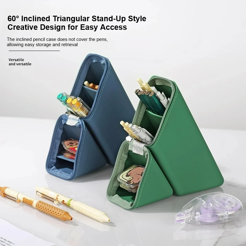 1PC Creative Silicone Pencil Case Triangular Stand-Up Style Dual-Purpose Pen Holder Multi-Layer Storage Bag Large Capacity