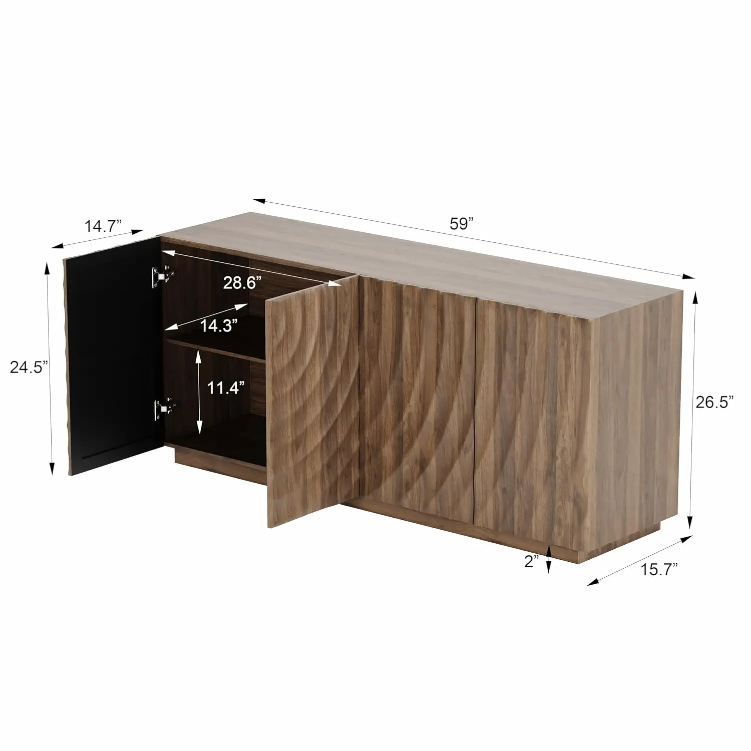Modern Buffet Cabinet 3D Ripple Doors Wooden Base Sideboard Credenza Dining Living Entryway 59
