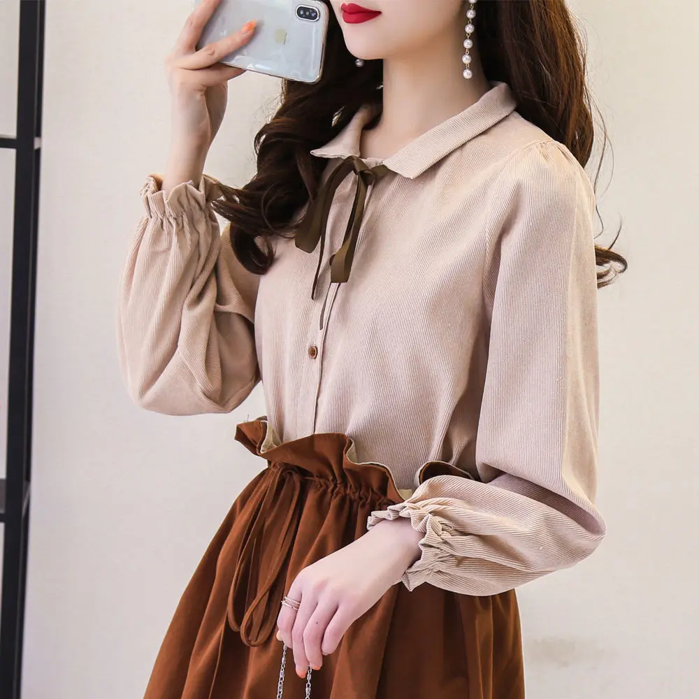 女性のヴィンテージコーデュロイシャツエレガントなターンダウンカラー長袖シャツ綿無地ルーズブラウス女性トップス JJ276