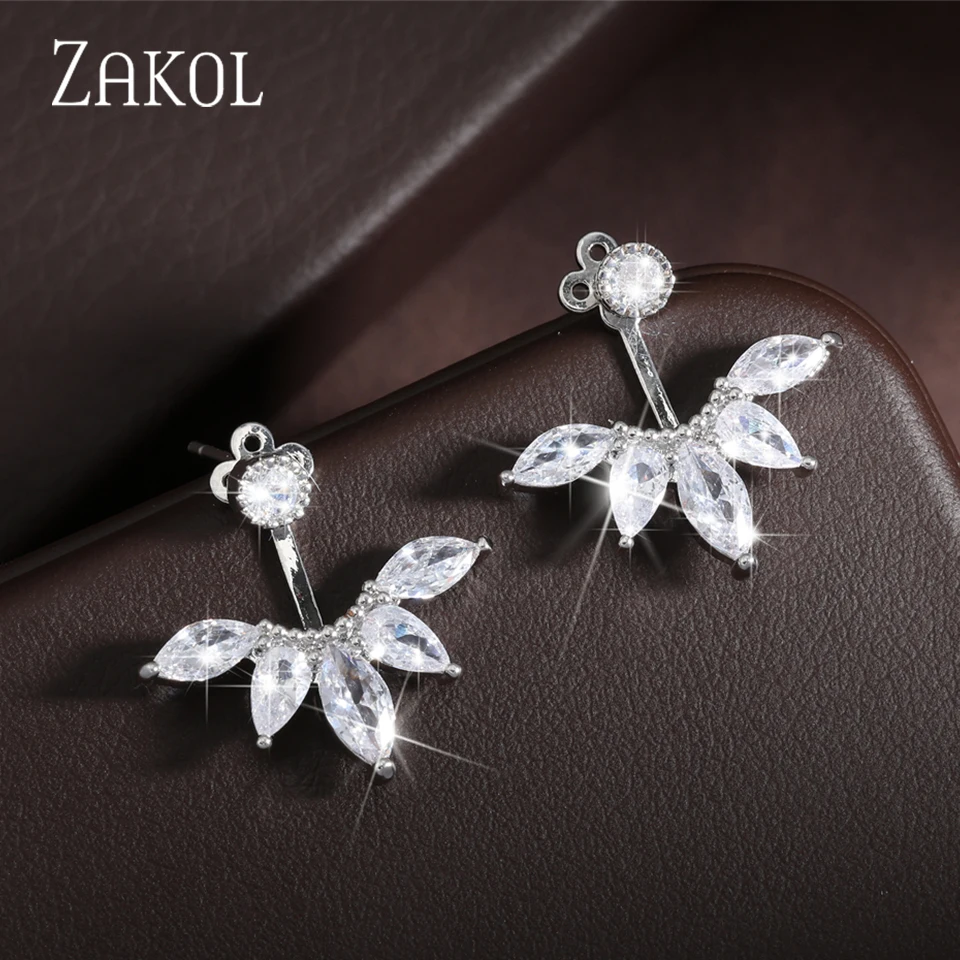 ZAKOL Fashion Zirconia Women Jewelry Exquisite White Color CZ Zircon Leaf Earrings Jackets For Party Wholesale Price FSEP489