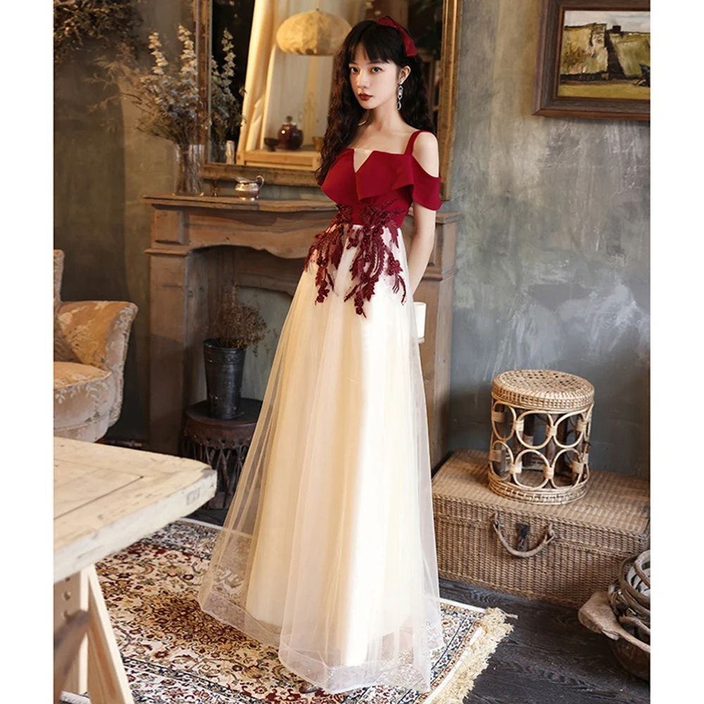 Elegant Women Wine Red Evening Dress Straps Off The Shoulder Flower Appliques Prom Gown Beige Tulle A-Line Party Vestido