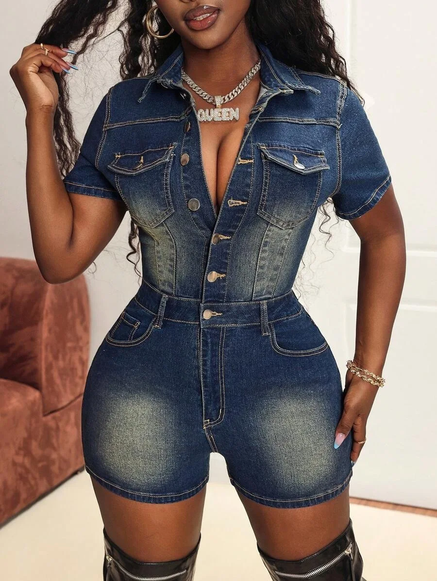 Women Jumpsuits Summer Fashion Tight Short Sleeve Stretch Denim Jumpsuits Playsuits Streetwear Casual High Waist Jeans Rompers