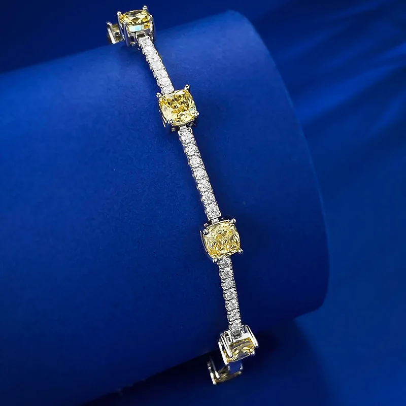 New S925 Silver Imported High Carbon Diamond 5 * 5 Yellow Diamond Ice Flower Cut Bracelet for Women, Simple and Exquisite