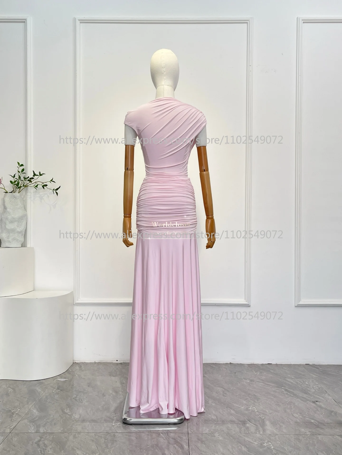 

2026 Top Quality Pink Pleats Spring Summer Party Asymmetric Ruched Slit Sleeveless Women Maxi Dress