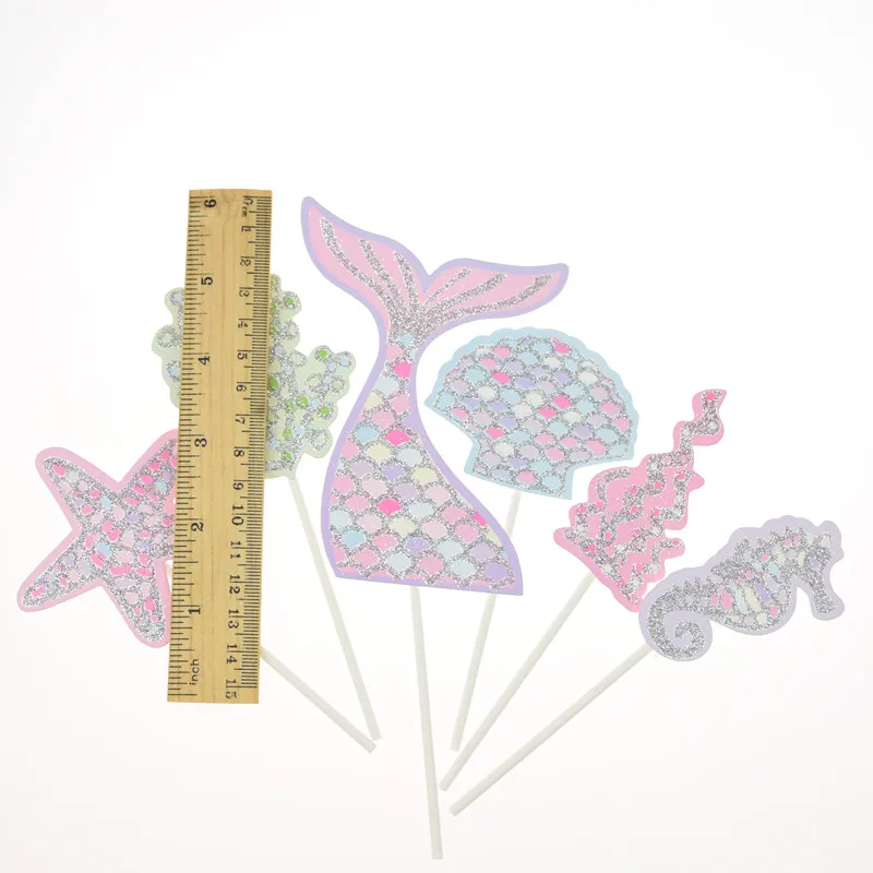 6pcs/set Ocean Cake Toppers Flags Cupcake Mermaid Cake Topper Kids Birthday Wedding Bridal Cake Wrapper Party Baking DIY Decor
