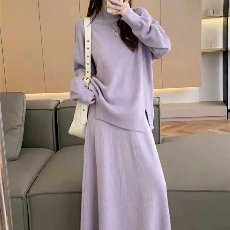 High Quality Lazy Fashion Casual Knitted 2 Piece Set Women Loose Pullover Tops + Long Skirt Sets Ladies Sweater Two Piece Suits