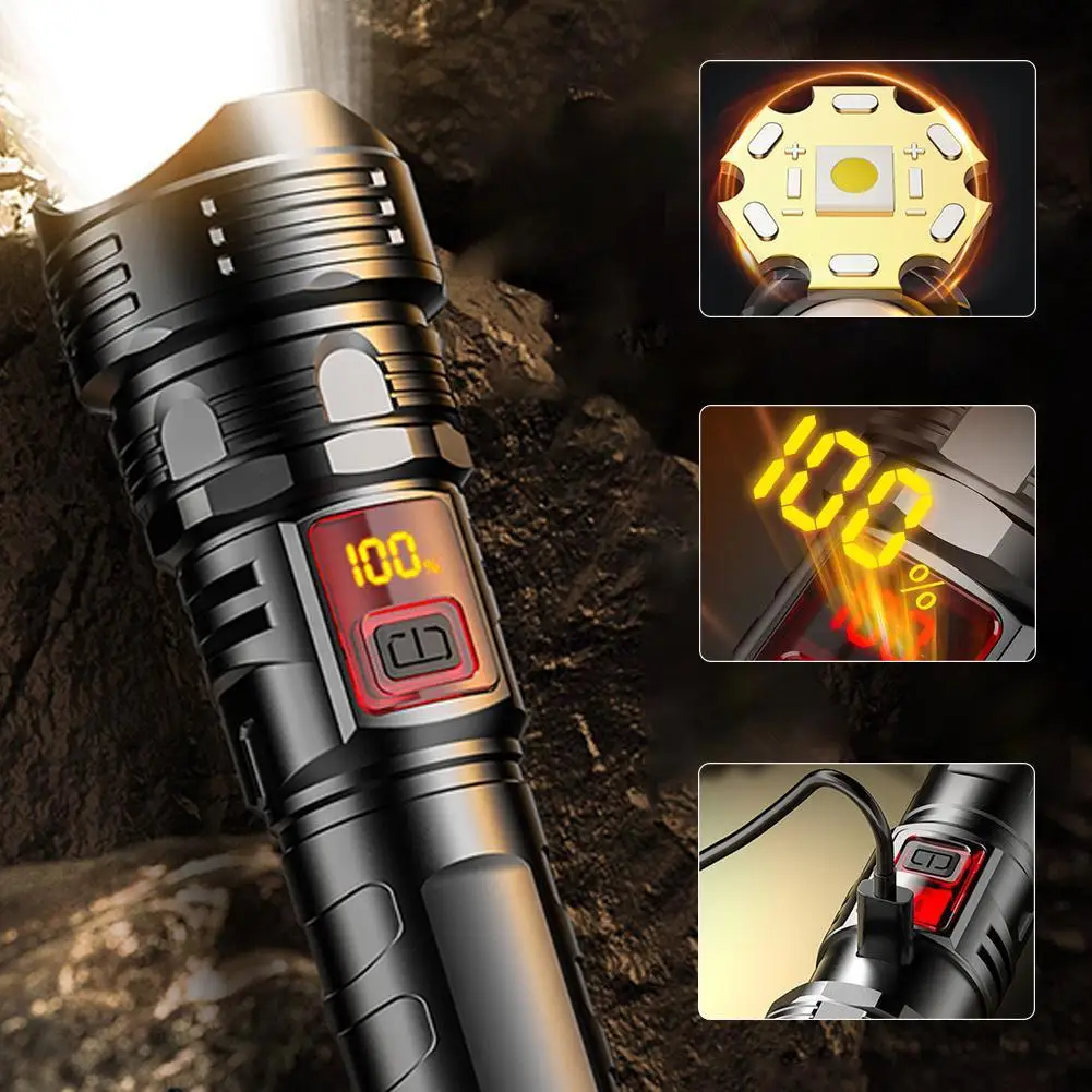 

Long Shot Zoom Super Bright Flashlight Led Usb Rechargeable Very Strong Led Flashlight Digital Display Flashlights For Camp X5n6