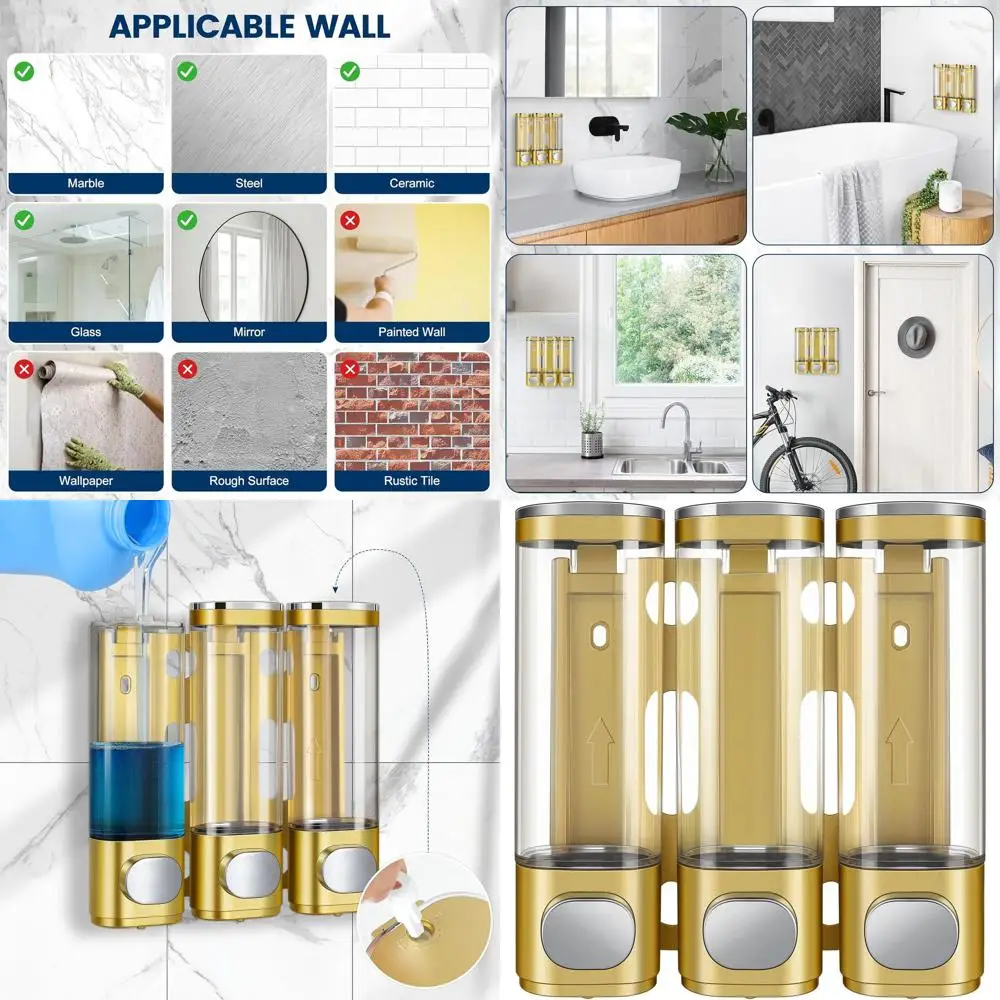 

Golden 3-in-1 Wall-Mounted Shower Organizer with Pump Dispenser for Shampoo and Conditioner