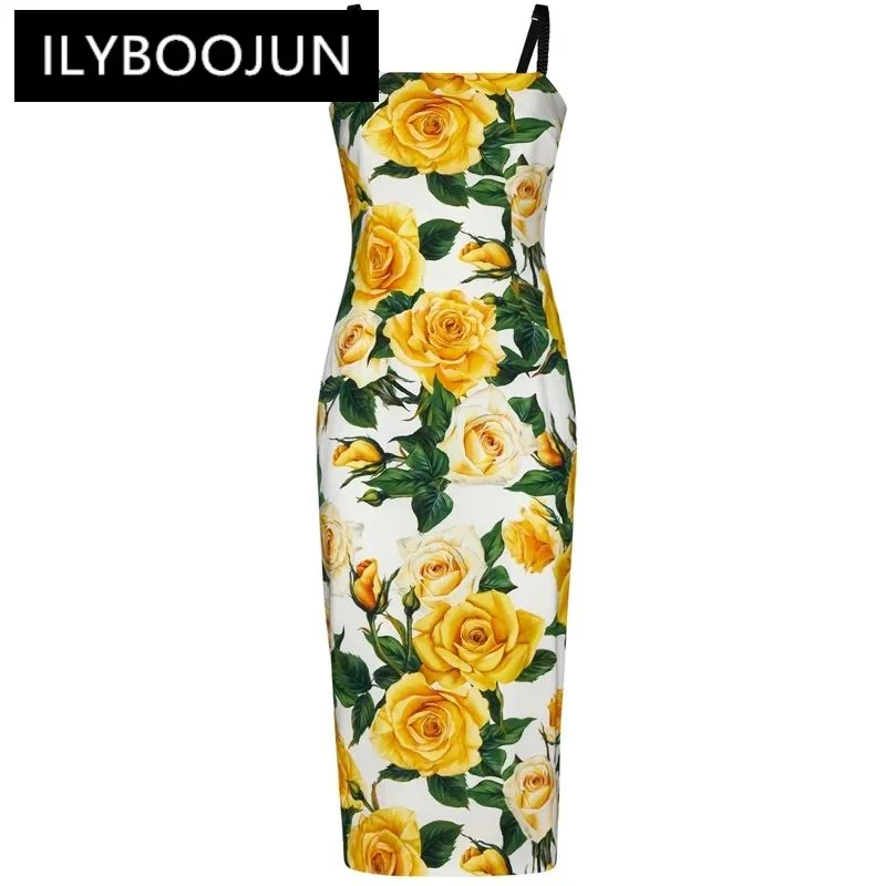 ILYBOOJUN Designer Summer Silk Pencil Dress Women Spaghetti Strap Yellow Floral Print Elegant Party Package Buttocks Dresses