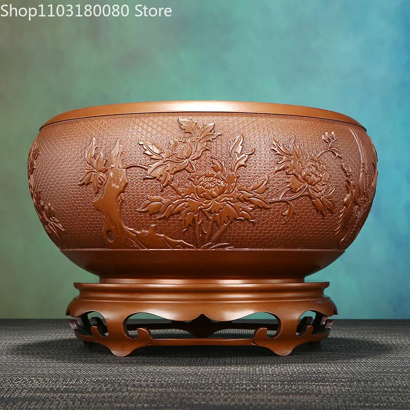 31cm Red copper carving Double phoenix bowl Treasure bowl Chinese Lucky Fengshui decor Large size