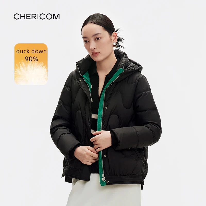Chericom 후드 겨울 다운 재킷 독특한 퀼팅 패턴 슬림핏 패딩 재킷 여성용 따뜻한 캐주얼 숏 패딩 코트 Y289162Y