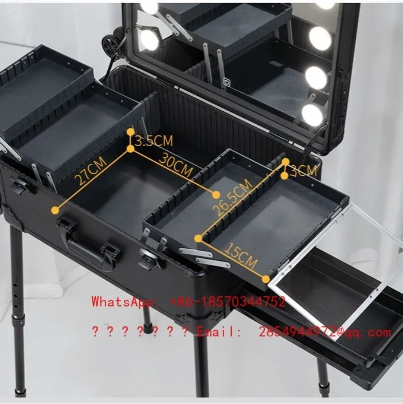 Aluminum Magnesium Makeup Case with LED Light Mirror Hidden Stand Universal Wheel Artist Cosmetic Storage Trolley