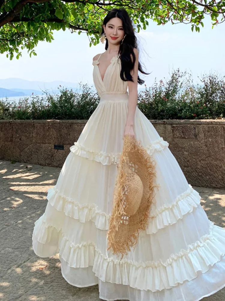 

2025 New Holiday Long Cake Dress Women Deep V-neck Waist Slimming Backless Sling Halter Dresses Casual Beach Bohemian Dress