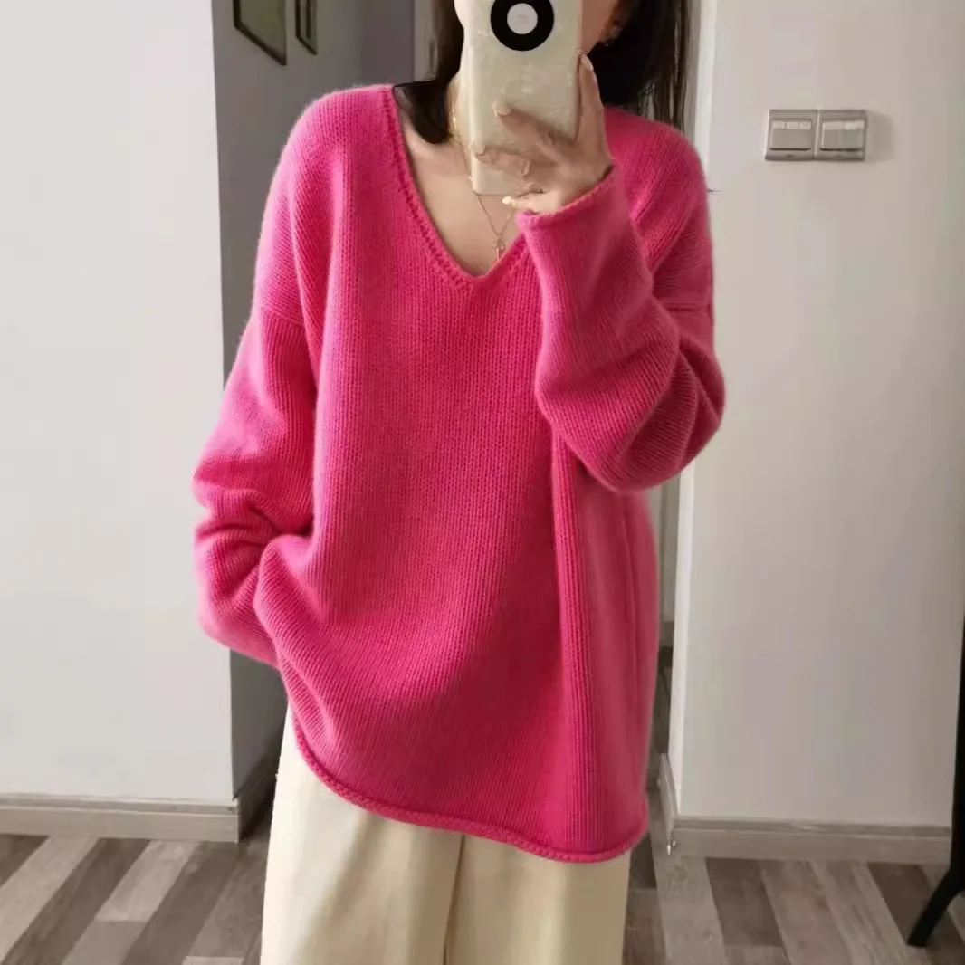 New European Autumn And Winter Mid-length V-neck 100 Pure Wool Sweater Women's Loose Lazy Sweater Outer Wear Knitted Base Shirt