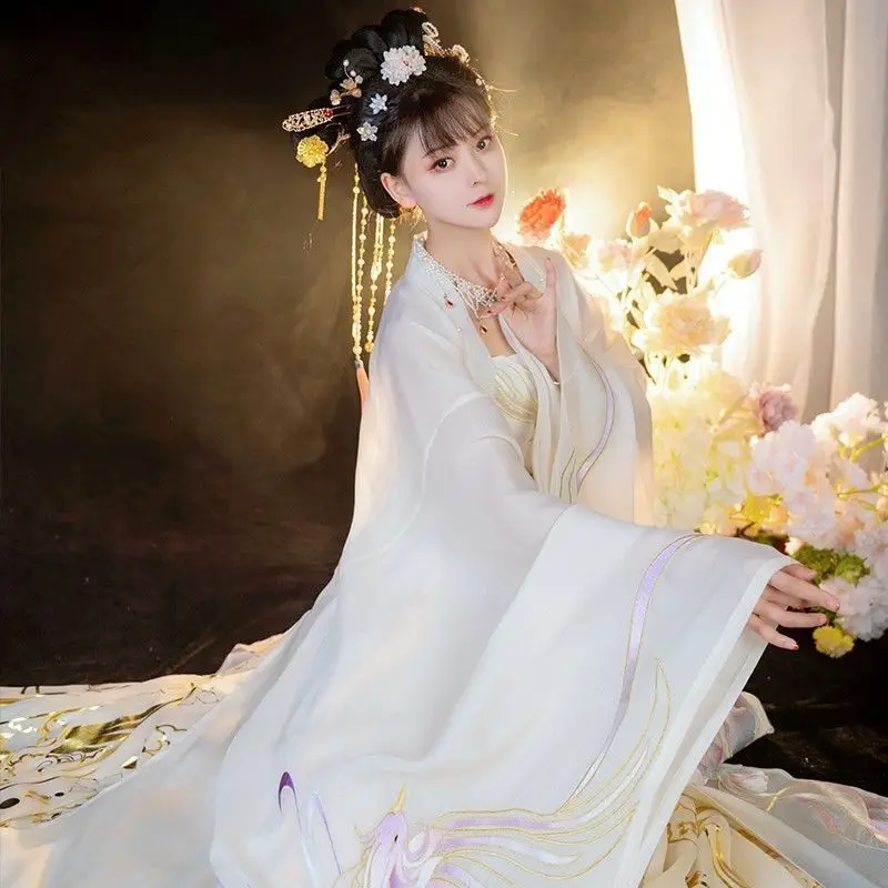 Chinese Traditional Tang Style Hanfu White Hezi Skirt With Large Sleeves Chinese Style Cosplay Costume