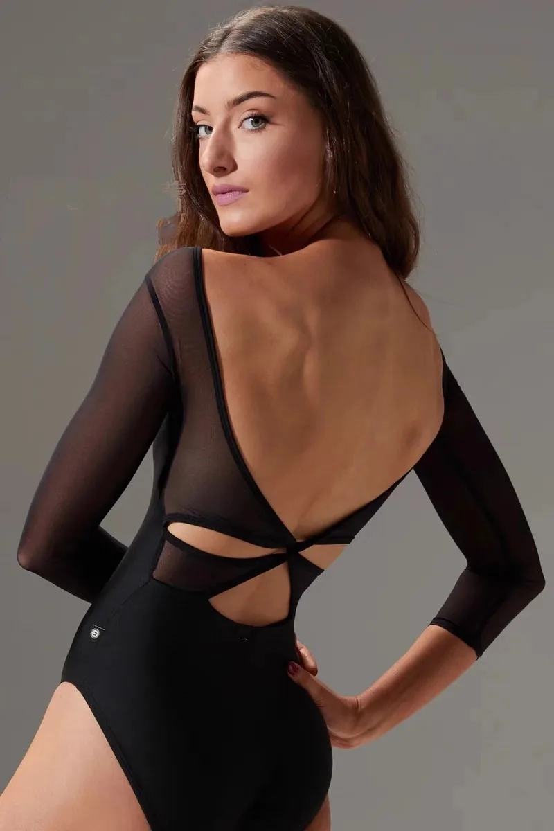 

Women Ballet Leotards Black Gymnastics Kink Dance Bodysuits Costumes Adult Patchwork Mesh Long Sleeve Ballerina Leotards