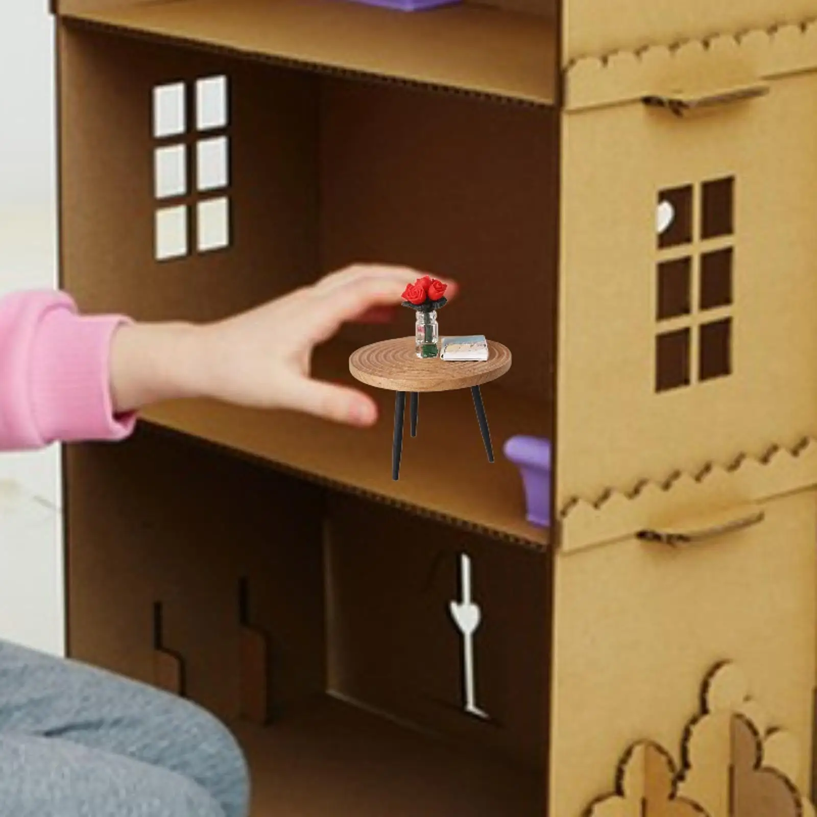 Miniatur meja 1:12, furnitur mainan meja akhir meja Mini bulat meja samping tempat tidur untuk rumah boneka, aksesori mainan anak-anak adegan DIY