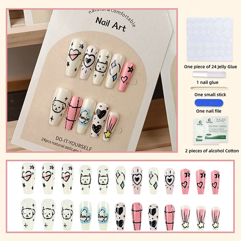 Hand Drawn Graffiti Handmade Press on Nails Wearing Armor Cat and Dog, Heart-Shaped Lines Cute Nail Art