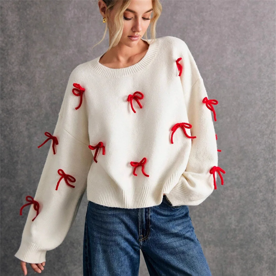 Knitted Sweaters Women Red Bow Decoration Loose Round Neck Pullover Sweater Autumn Top