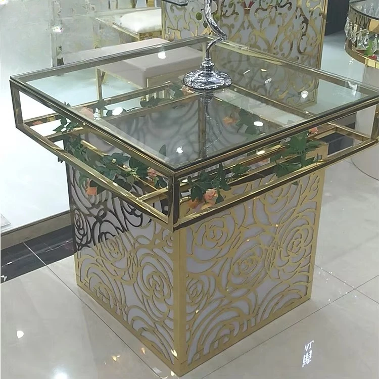 

Square glass top metal luxury wedding reception stainless steel chassis wedding cake table