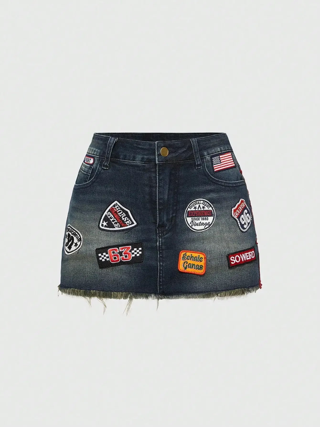 

Distressed Denim Mini Skirt with Patch Appliqués and Frayed Hem