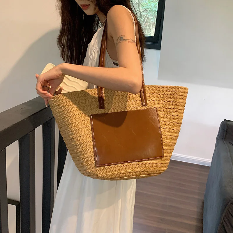 Large Capacity Beach Shopping Bags High Quality Rattan Woven Shoulder Bag Women Straw Handbags Summer Travel Bag Basket Purse