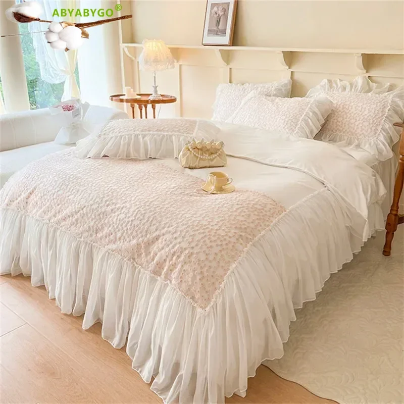 Korean Princess Style Bedding Set, 100% Cotton, Lace Ruffles, Duvet Cover Set, Bed Skirt and Pillowcases, Bed Comforter Set