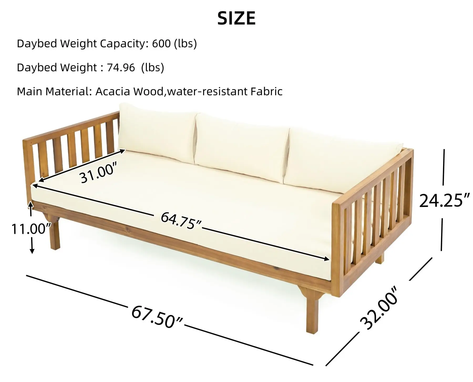 Outdoor Solid Acacia Wood Daybed, 3 Seater Day Bed Couch Sofa with Water Resistant Cushions, Heavy Frame for Patio