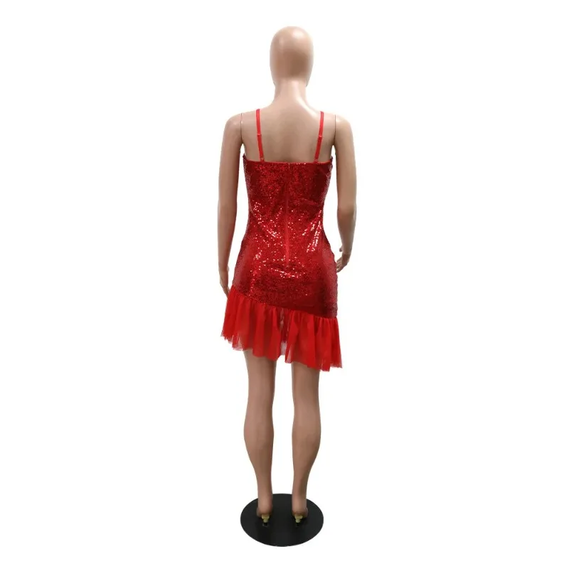 Minivestido ajustado INS con tirantes de retales de malla con lentejuelas para mujer, Vestidos sexys de noche para fiesta y discoteca, para otoño 2024