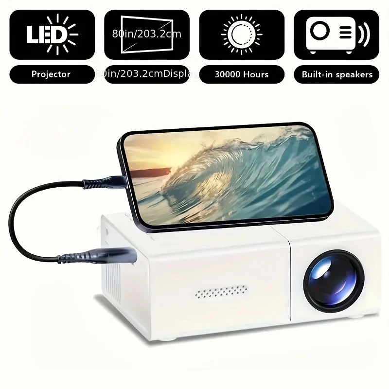 

Мини-проектор LED 1080P с пультом ДУ, 4K HD видеопроектор, умный мобильный проекционный инструмент для просмотра фильмов на открытом воздухе и в кемпинге