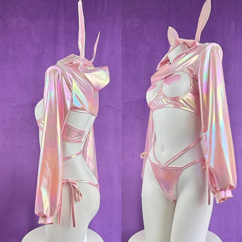 Adult Underwear Costume Pink Bunny Lingerie Set Women Hoodie Heart Cut Out Bra Thong 3Pcs Cosplay Outfit Sexy Club Party Costume view 3