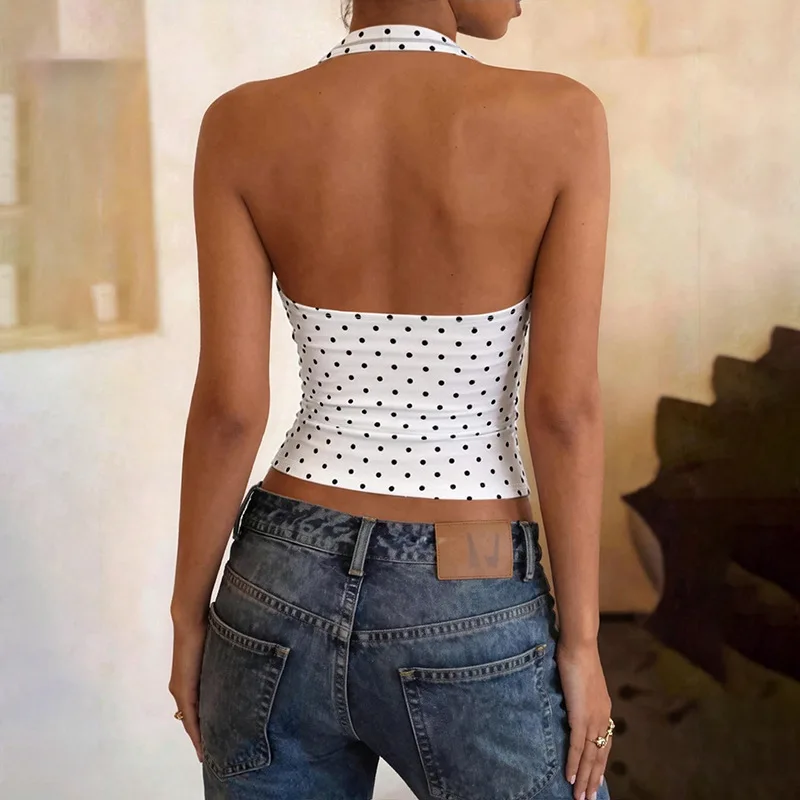 STYLISH LADY Polka Dot Halter Crop Top 2026 Women Sleeveless Open Back U Neck Y2K Tank Top Summer Vintage Streetwear Cami Top