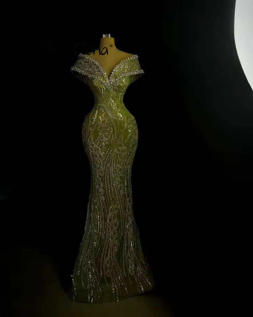 Robe de soirée élégante à paillettes vertes, épaules dénudées, robes de bal de luxe, personnalisées, robes de nuit d'anniversaire pour femmes, 2025
