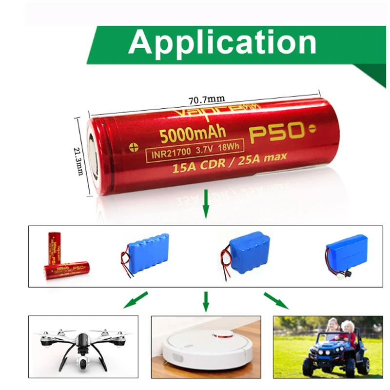 Original Vapcell Li Ion Battery P50 INR21700 5000mah 3.7V 21700 Batteries 15A/25A Rechargeable Cells High Capacity For Box-Mod