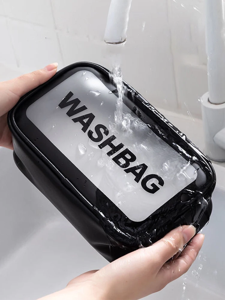 1pc Pu Transparent Three Piece Makeup And Toiletries Bag, Large Capacity Pvc Semi Transparent Frosted Portable Storage Bag