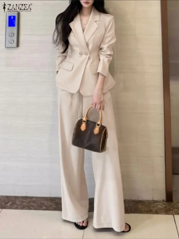 Zanzea feminino minimalista 2 peça define lepel pescoço blazer e calças de perna larga 2 pçs ternos 2026 primavera moda mulher outfits S-3XL