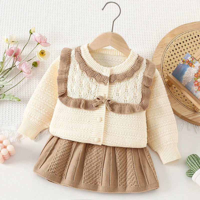 2025 New Autumn Children Knitted Clothes Suit Long Sleeved Knitted Cardigan Coat+Short Skirt 2-6Yrs Baby Girls Clothing Set